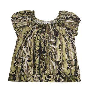 Claudia Richard Women's Abstract Print Green Blouse Stretch Short Sleeve Size L